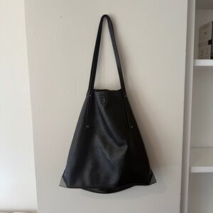 Botkier Black Leather Expandable Tote Patterned Fabric Accordion Sides